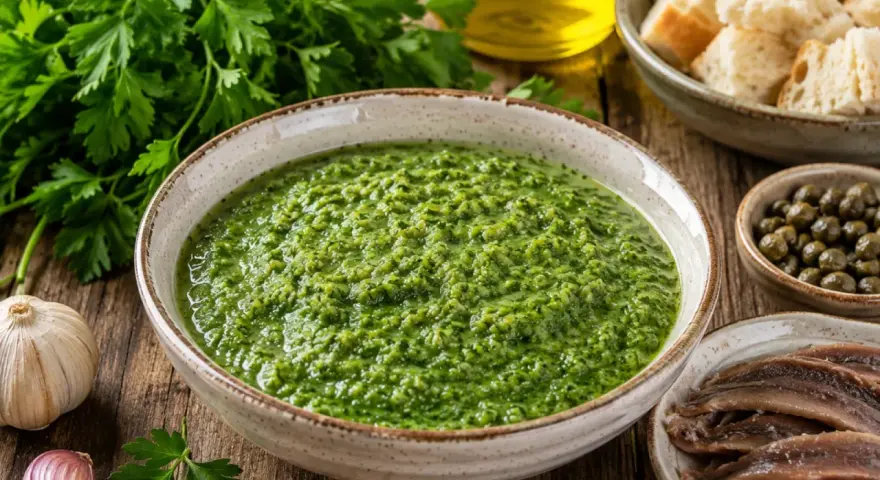 Una ciotola di salsa verde, perfetta per la tua ricetta, con ingredienti freschi come prezzemolo, aglio, capperi e acciughe.