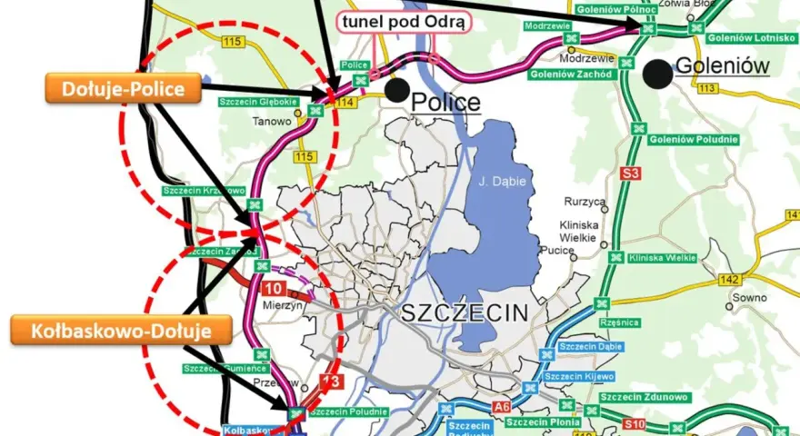 Mapa zachodniej obwodnicy Szczecina z zaznaczonym tunelem pod Odrą, drogami S3, S6, A6 i innymi trasami.