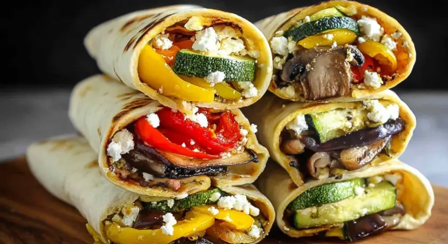 Pyszna tortilla z airfryer wypełniona grillowanymi warzywami: cukinią, papryką, bakłażanem i grzybami, posypana fetą.