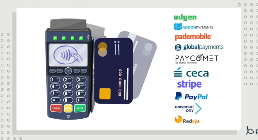 Terminal de pago con tarjetas y logos de pasarelas de pago, ideal para integrar en programas de TPV.