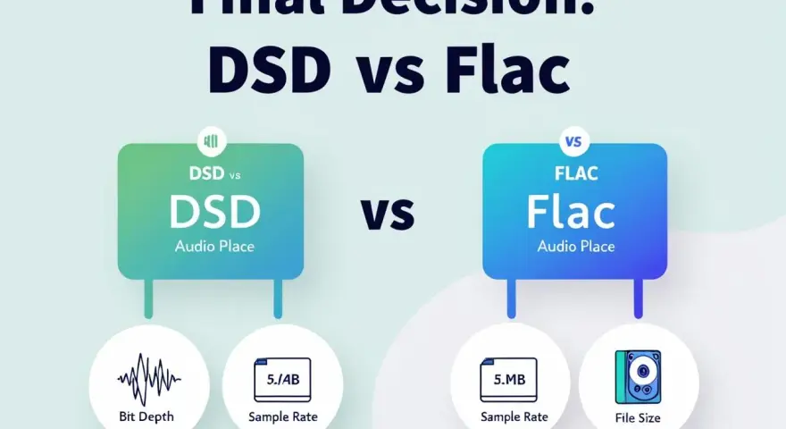 Porównanie DSD vs FLAC: co to za formaty audio? Grafika pokazuje różnice w głębi bitowej, częstotliwości próbkowania i rozmiarze plików.