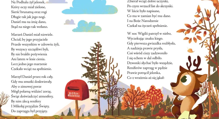 Ilustracja z tekstem "JELONEK" i wierszem o jelonku marzącym o pracy u Świętego Mikołaja. W tle jesienny las, skrzynka "BIEGUN PÓŁNOCNY" i renifer piszący list. To inspiracja do wiejskie przyśpiewki teksty.