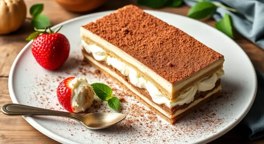 Un délicieux tiramisu, fait avec 500g de mascarpone, garni de cacao et accompagné d'une fraise et d'une cuillère dorée.
