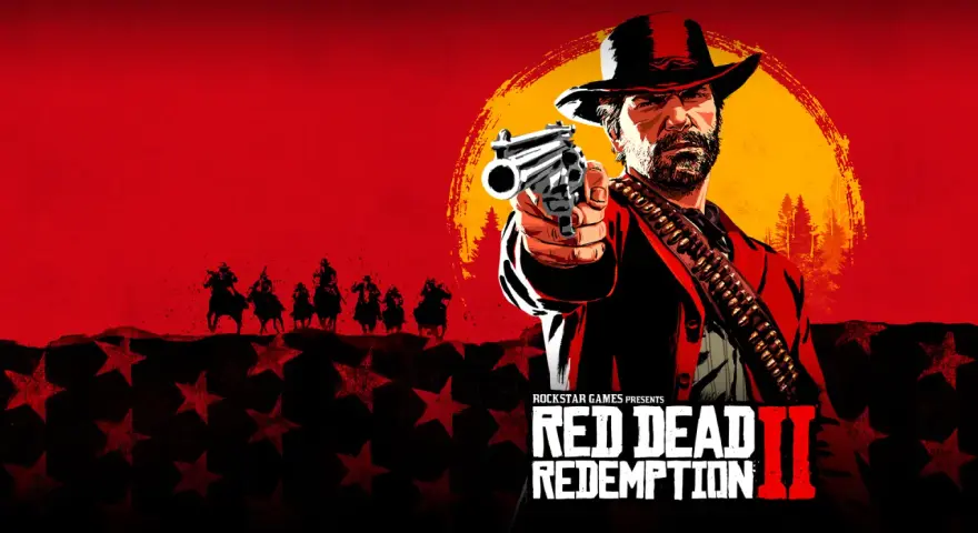 Arthur Morgan z pistoletem w dłoni, na tle zachodzącego słońca i konnych postaci. To okładka gry Red Dead Redemption 2, dostępnej w ramach Game Pass.