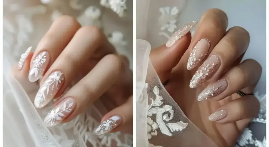 Eleganckie paznokcie dla świadkowej: delikatne zdobienia z białymi kwiatami i subtelne brokatowe akcenty. Idealne na ślub!