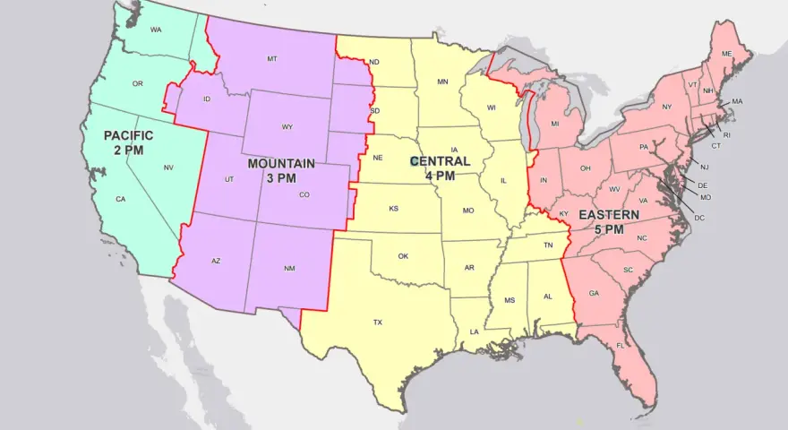 Mapa USA z podziałem na strefy czasowe: Pacyficzną (2 PM), Górską (3 PM), Centralną (4 PM) i Wschodnią (5 PM). Różnica czasu w USA a w Polsce jest znacząca.