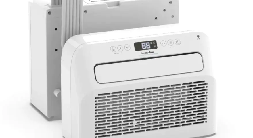 Aire acondicionado portátil blanco con unidad exterior conectada por un tubo flexible. Todos los aires acondicionados portátiles tienen salida al exterior.
