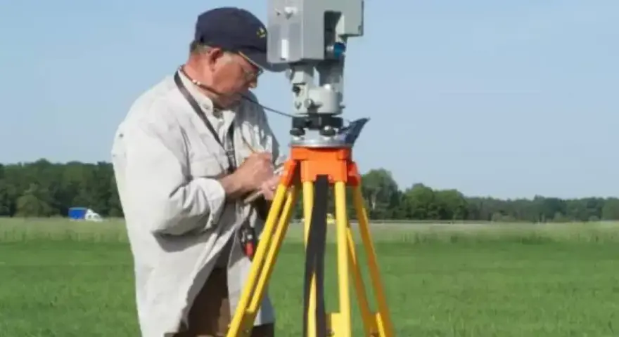 Geodeta precyzyjnie wyznacza granice działki za pomocą tachimetru na statywie, pracując na zielonym polu.