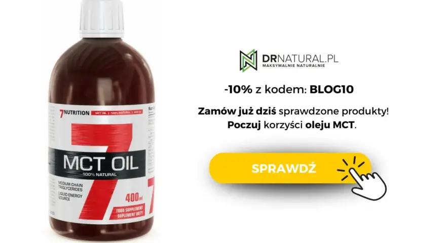 Butelka oleju MCT 100% naturalnego. Sprawdź korzyści i uniknij potencjalnych skutków ubocznych oleju MCT. Zniżka -10% z kodem BLOG10.