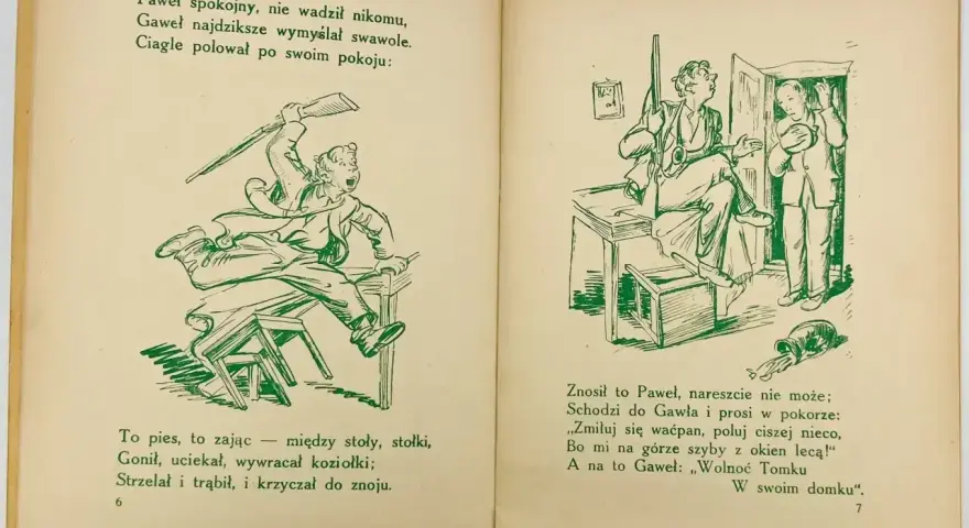 Ilustracja do wiersza "Paweł i Gaweł". Paweł poluje w pokoju, przewracając meble. Gaweł prosi go o ciszę.
