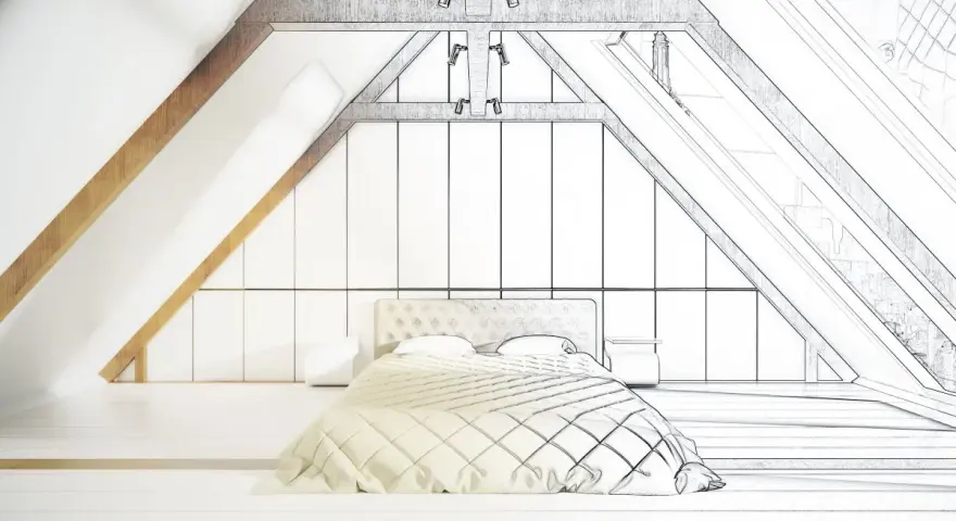 Progetto di una mansarda casa con letto, armadi e travi a vista.