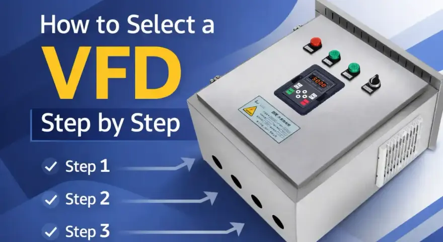 Panel sterowania z wyświetlaczem cyfrowym i przyciskami, obok tekst "How to Select a VFD Step by Step". To jest przetwornik częstotliwości.