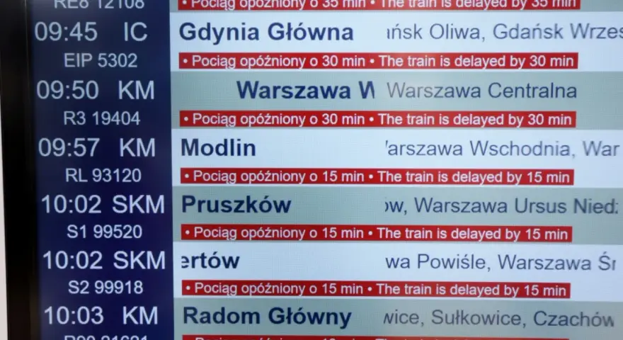 Tablica z rozkładem jazdy pociągów, pokazująca opóźnienia.