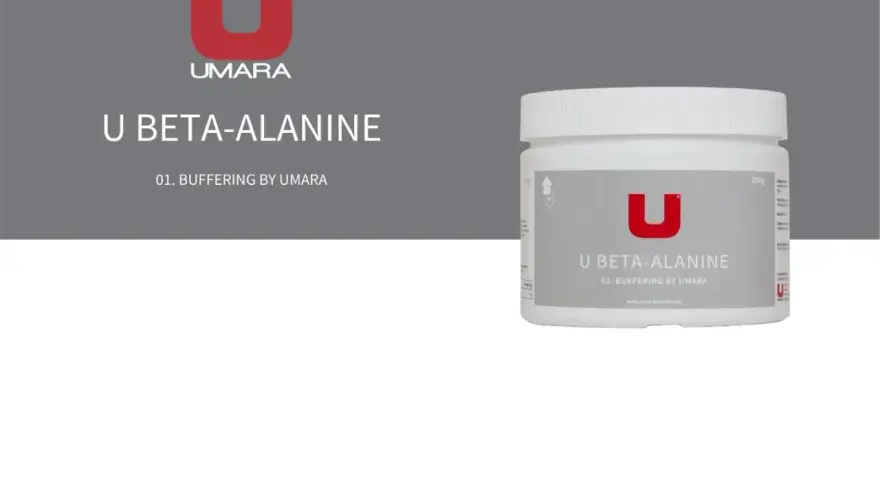 En burk U BETA-ALANINE från UMARA. Denna produkt är designad för att ge en buffrande beta alanin effekt.
