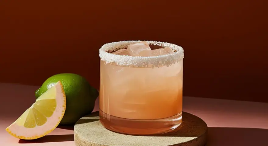 Orzeźwiający drink Paloma z solnym rantem, podany z limonką i plasterkiem grejpfruta. Idealny przepis na lato.