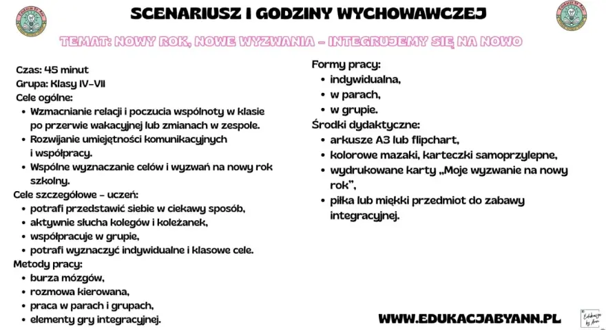 Scenariusz godziny wychowawczej dla klasy 4: "Nowy rok, nowe wyzwania – integrujemy się na nowo". Cele to wzmacnianie relacji, komunikacji i współpracy.