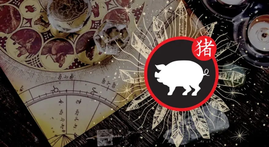 Chiński znak zodiaku 2008, symbol świni, na tle astrologicznej mapy i kryształów.