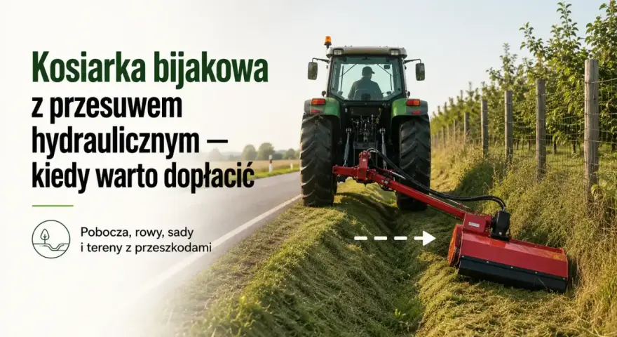 Traktor z kosiarką bijakową z przesuwem hydraulicznym, idealny dla producenta kosiarek do pracy przy poboczach, rowach i sadach.