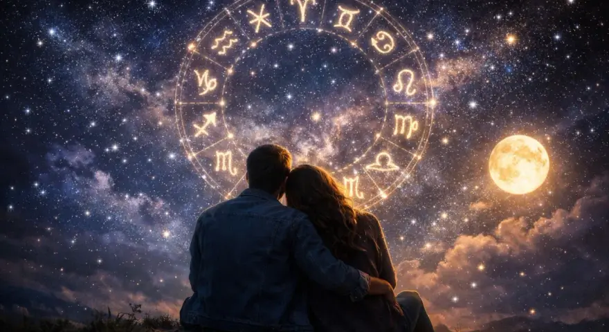 Para wpatrzona w gwiazdy, gdzie krąg zodiaku symbolizuje skorpion i waga związek. Księżyc w pełni oświetla ich wspólną drogę.