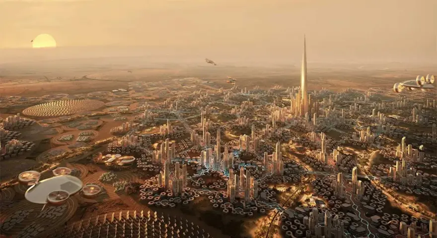 Futurystyczne miasto z dominującą, lśniącą rise tower. Latające pojazdy i okrągłe struktury na pustynnym krajobrazie.