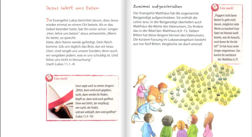 Kinder lernen das Vaterunser mit Bewegungen und Kerzen. Jesus lehrt uns beten, wie im Evangelium beschrieben.