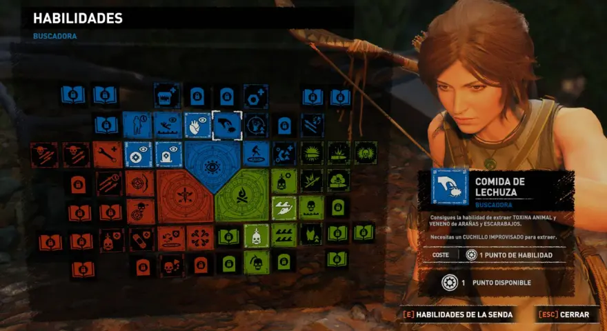 Menú de habilidades de "Shadow of the Tomb Raider", con Lara Croft al fondo. Se muestra la habilidad "Comida de Lechuza".
