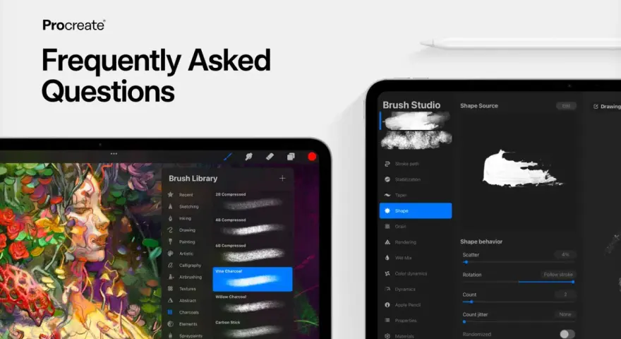 Jaki iPad do Procreate? Na ekranie widać aplikację Procreate z biblioteką pędzli i ustawieniami Brush Studio. Idealny do cyfrowego malarstwa.