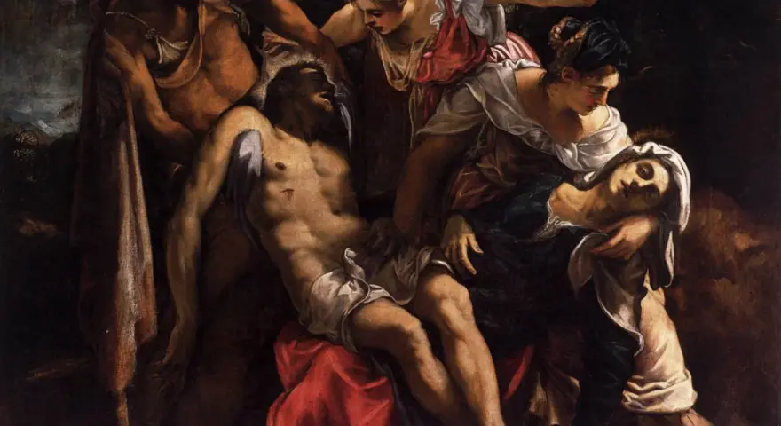 Mise en scène dramatique des œuvres d'art de Le Tintoret : le corps du Christ est porté par des figures émouvantes, dans une composition saisissante.