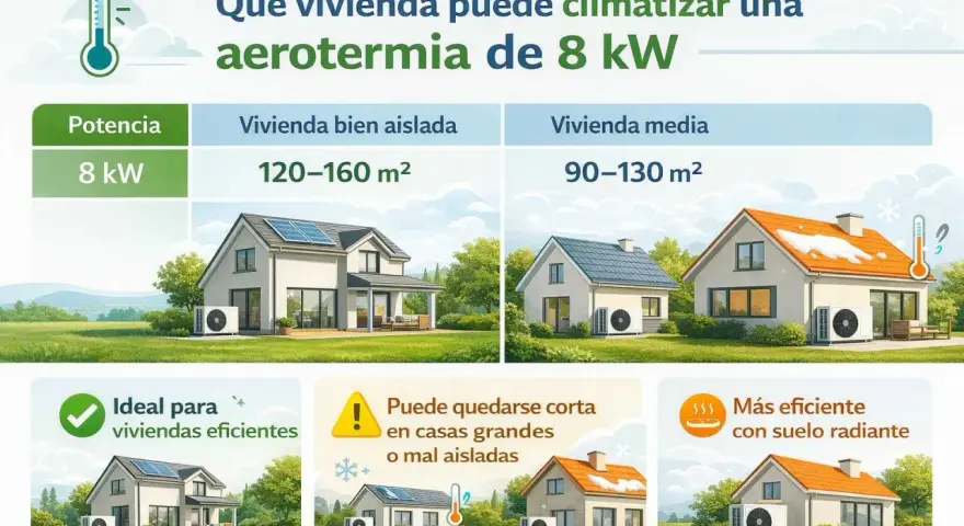 Guía de cálculo aerotermia: una unidad de 8 kW climatiza viviendas bien aisladas (120-160 m²) o medianas (90-130 m²). Ideal para casas eficientes.