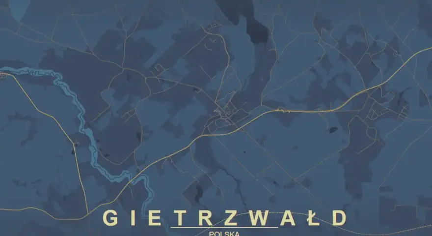 Mapa pokazuje, gdzie leży Gietrzwałd w Polsce. Widoczna jest rzeka i sieć dróg.