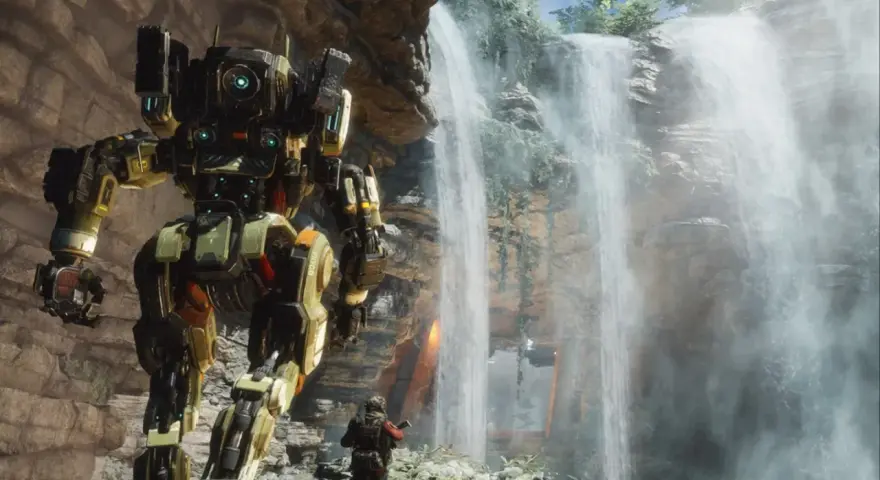 Gigantyczny mech i pilot stoją przy wodospadzie. Fani zastanawiają się: Titanfall 3 kiedy?