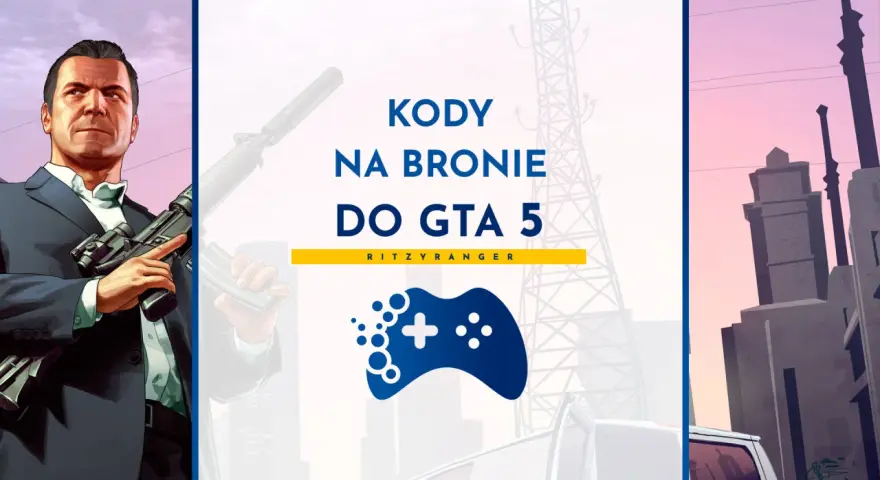 Michael z GTA 5 trzyma broń, a obok widnieje napis "Kody na bronie do GTA 5".