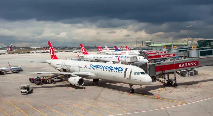 Samoloty tureckich linii lotniczych Turkish Airlines czekają na pasażerów przy rękawach lotniskowych.