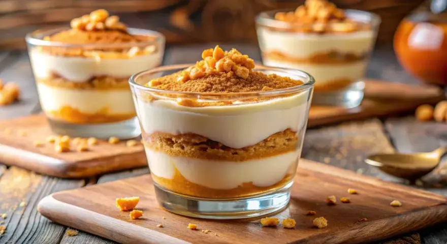 Deliciosa serradura portuguesa en capas, con galleta triturada y crema suave, servida en vasos de vidrio sobre tablas de madera.