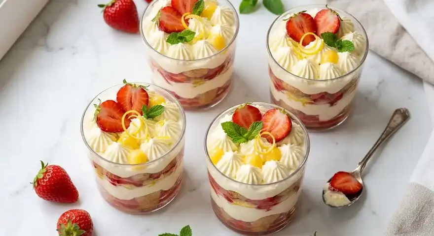 Quatre verrines de dessert fraise mascarpone, garnies de fraises fraîches, de menthe et de zeste de citron.