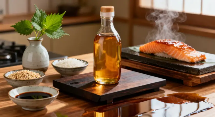 Butelka z płynnym złotem, czyli mirin, stoi obok składników do sushi. To klucz do smaku!