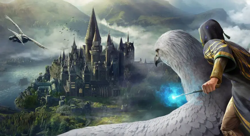 Un hipogrifo con un mago a bordo vuela hacia el castillo de Hogwarts, quizás buscando a quien fundo Hogsmeade.