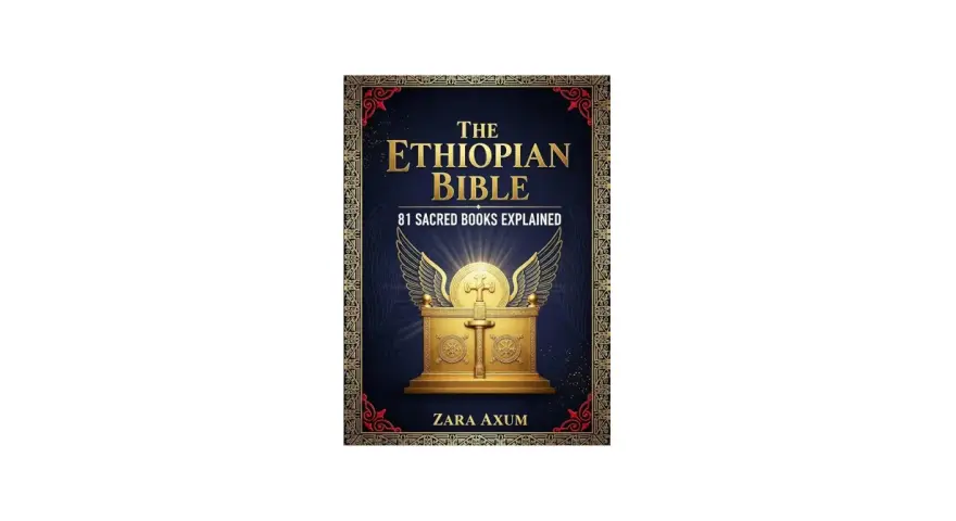 Book cover for "The Ethiopian Bible: 81 Sacred Books Explained," featuring a golden Ark of the Covenant with wings.