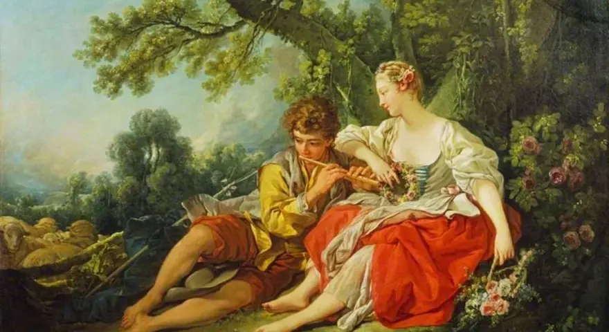 Un jeune homme joue de la flûte pour une jeune femme, entourés de roses et de moutons. Style rococo.