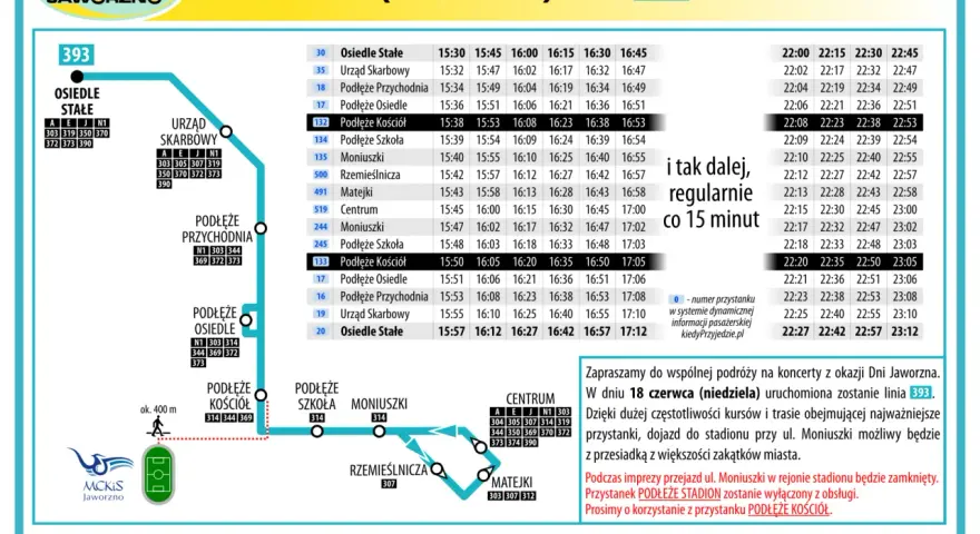 MPK Jaworzno rozkład jazdy linii 393 na 18 czerwca (niedziela). Kursy co 15 minut.