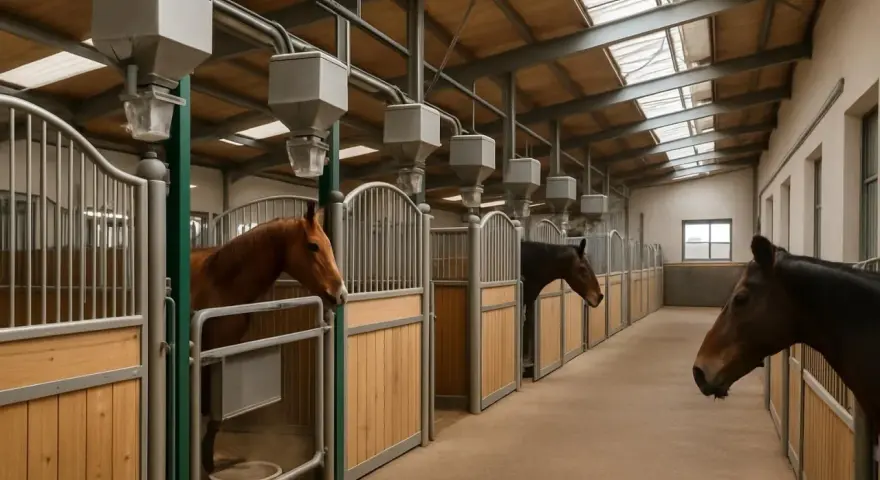 Chevaux dans des boxes modernes, avec mangeoires automatiques. Le prix d'un manège 60x20 est peut-être abordable pour un tel confort.
