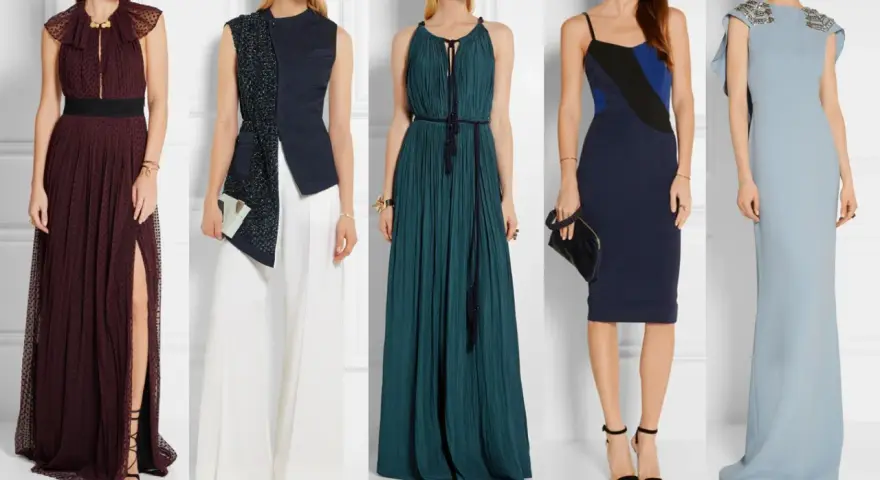 Cinque abiti eleganti per un matrimonio serale: dal bordeaux con spacco al blu notte, idee su come vestirsi.
