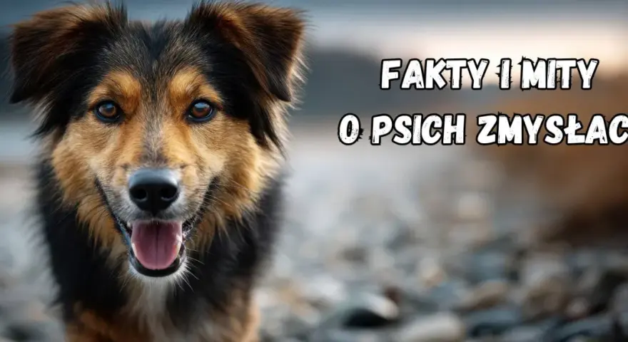 Uroczy piesek z otwartym pyskiem. Tekst na obrazku: "Fakty i mity o psich zmysłach". Poznaj fascynujące ciekawostki o psach!