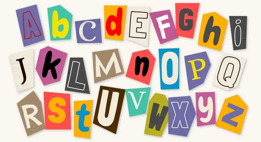 Abecedario mayúsculas y minúsculas letra escolar. Las letras del abecedario, cortadas de revistas, forman un collage colorido y divertido.