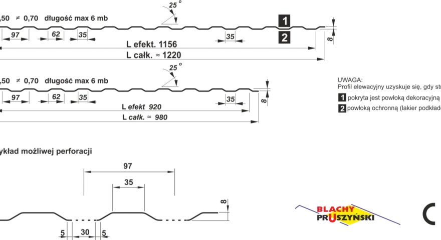 Schemat blachy trapezowej z wymiarami: szerokość 97, 62, 35 mm, grubość 0,50-0,70 mm, długość max 6 mb.