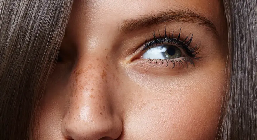 Nahaufnahme eines Gesichts mit Sommersprossen und feinen **Falten unter den Augen**. Dunkles Haar umrahmt das Auge.