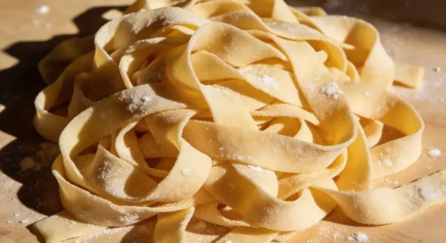 Świeży, domowy makaron tagliatelle, gotowy do zupy z makaronem. Złociste wstążki mączne, lekko oprószone mąką, ułożone na drewnianej desce.