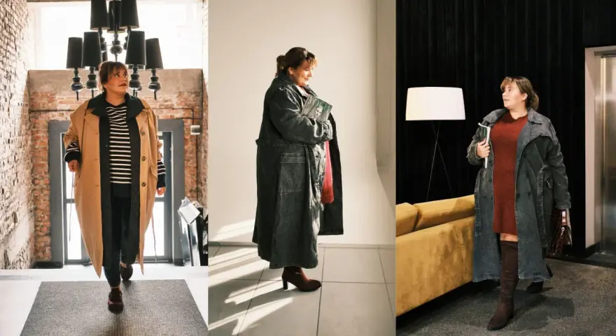 Kobieta w różnych stylizacjach plus-size: płaszcze, sukienka, sweter, spodnie.
