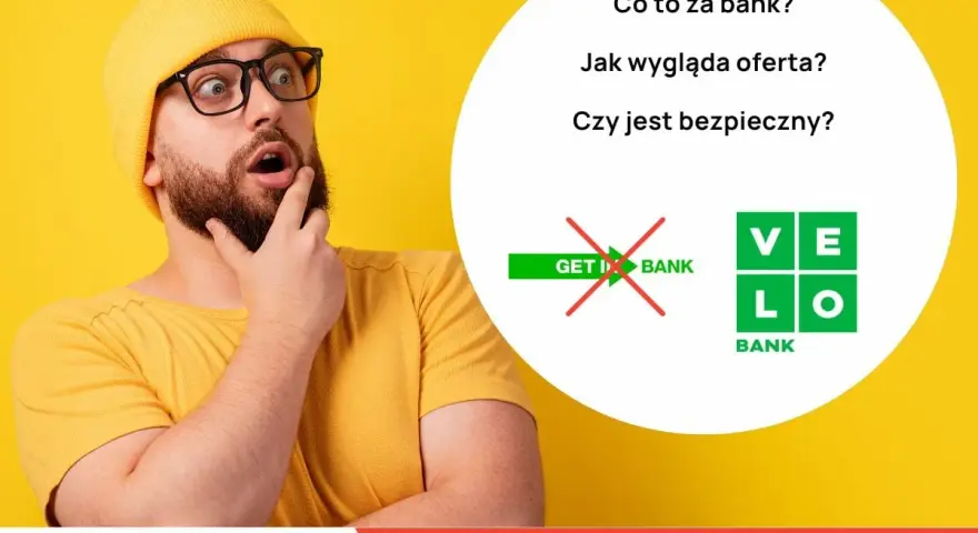 Zaskoczony mężczyzna zastanawia się, czy Velo Bank jest bezpieczny. Obok pytania o bezpieczeństwo banku widnieje logo Velo Bank.