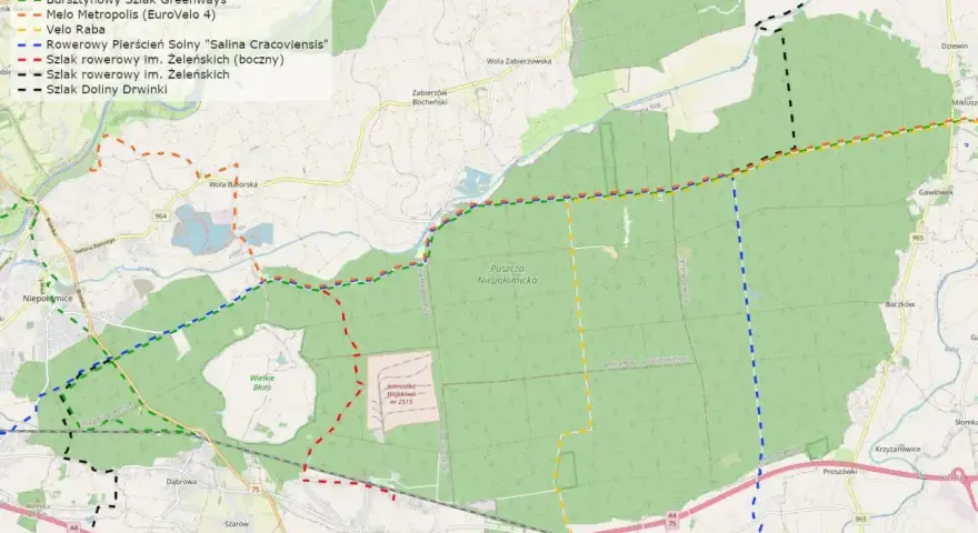 Mapa szlaków rowerowych w okolicach Niepołomic i Puszczy Niepołomickiej. Widać tu m.in. Bursztynowy Szlak Greenways i Szlak Doliny Drwinki.